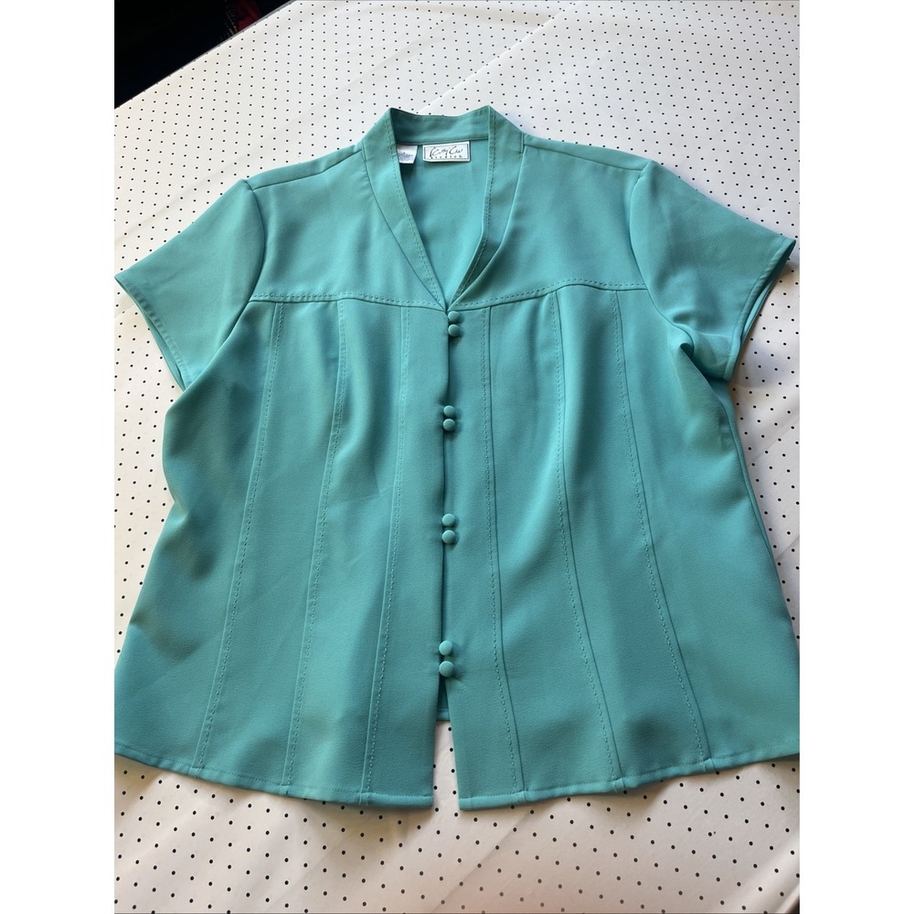 Vintage‎ Turquoise Blouse L Covered Button Front Stretch Career Top Lagoon Blue